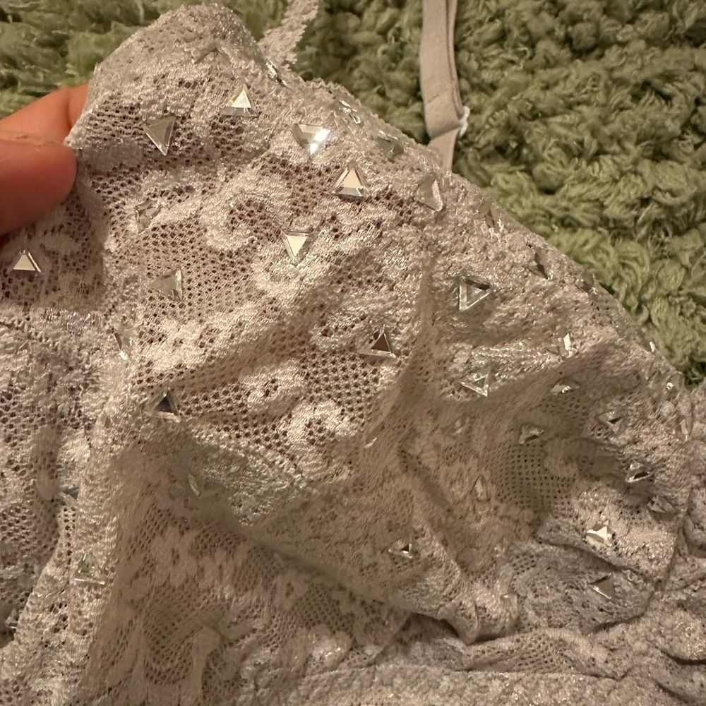 Victorias Secret Pink Gray Bling Stone Embellished Ruched Lace Cami Bra - Picture 2 of 8